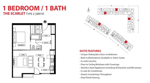 Floor plan for 1 bed, 1 bath, 689 sqft